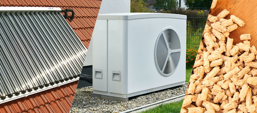 Bild-Potpourri aus Solarthermie, Wärmepumpe und Pellets