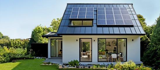 Kleines Wohnhaus mit schwarzem Dach und Solarpanelen