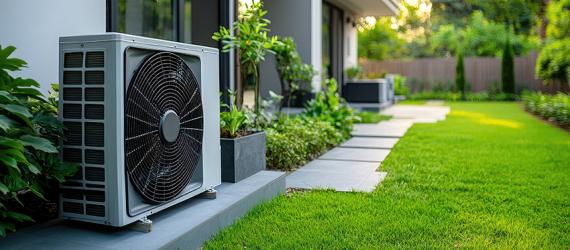 Wärmepumpe vor Hauswand und Garten