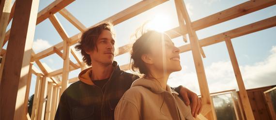 Paar steht im Rohbau aus Holzkonstruktion