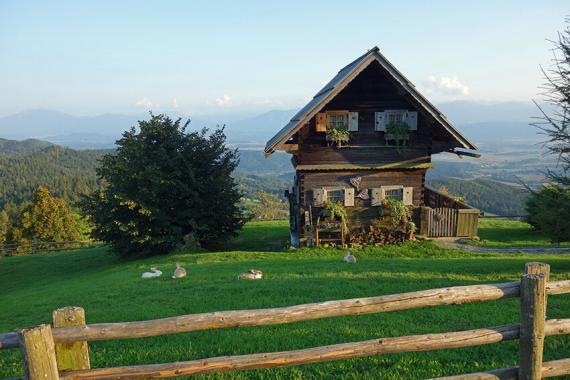 Rustikales, kleines Holzhäuschen im Mittelgebirge