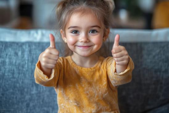 Bausparvertrag verschenken: Kind zeigt beide Daumen hoch
