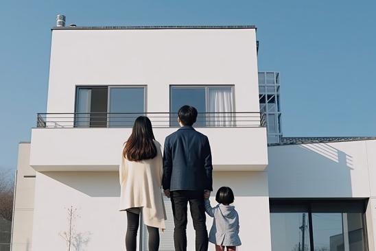 Familie steht vor ihrem neuen Haus
