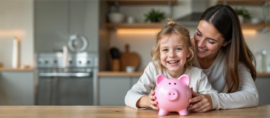 Mutter und Tochter sitzen mit Sparschwein in der Küche.