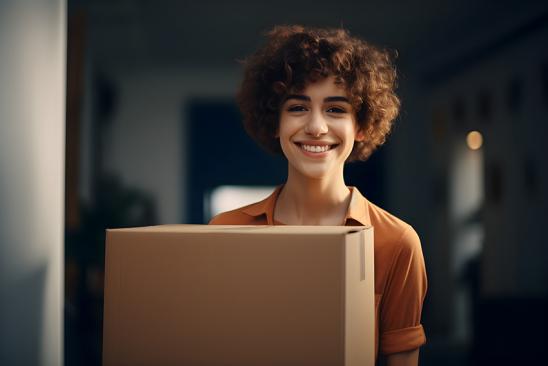 Junge Frau mit Karton in den Händen