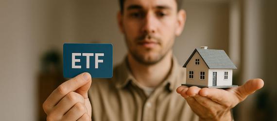 Mann hält ETF-Karte und Modellhäuschen hoch