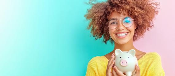 Junge Frau hält Sparschwein in der Hand