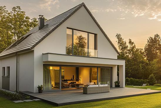 Freistehendes Einfamilienhaus bei aufgehender Sonne