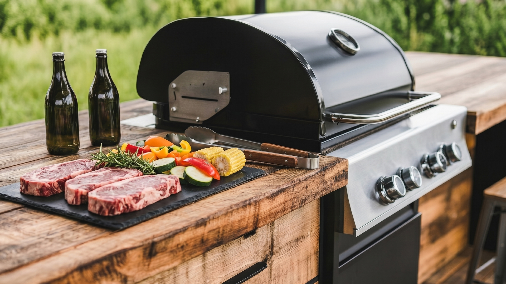 Moderner Grill in hölzerner Küchenzeile eingelassen
