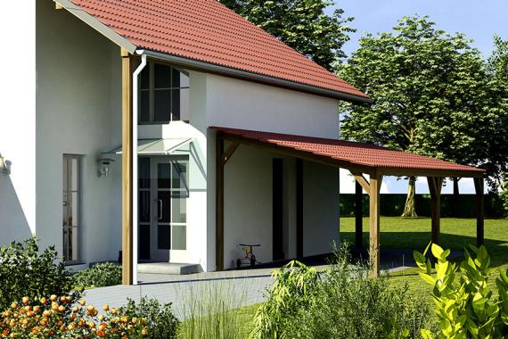 Offener Carport an Hauswand mit schrägem Dach