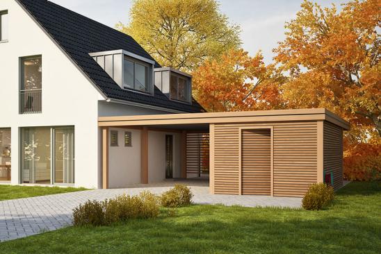 Haus mit Holz-Carport im Herbst