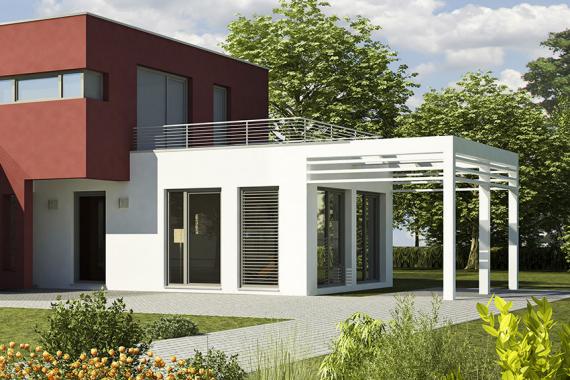 Offener Carport an Vorbau mit großen Fenstern