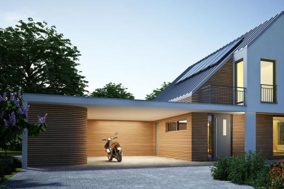 Holzverkleiderter Carport mit drei Wänden und Abstellraum