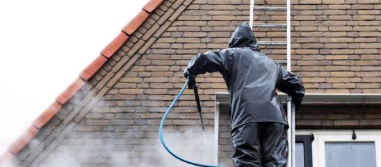 Person auf Leiter reinigt Fassade mit Hochdruckreiniger