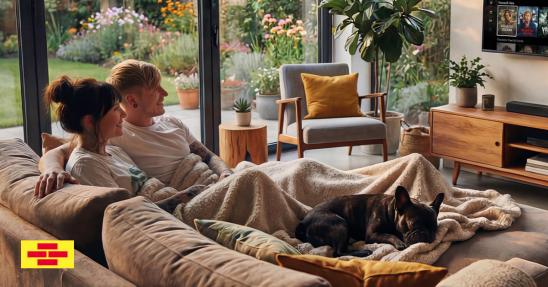 Paar mit Hund im eigenen Zuhause FB