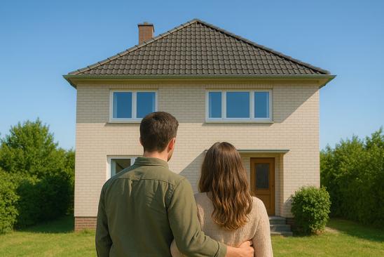 Immobilie erben: Junges Paar steht vor älterem Haus