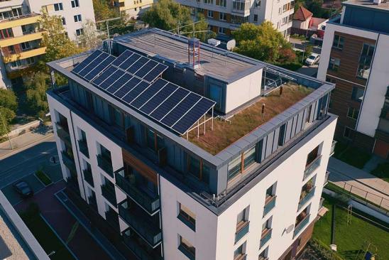 Mehrfamilienhaus mit PV-Anlage auf dem Flachdach