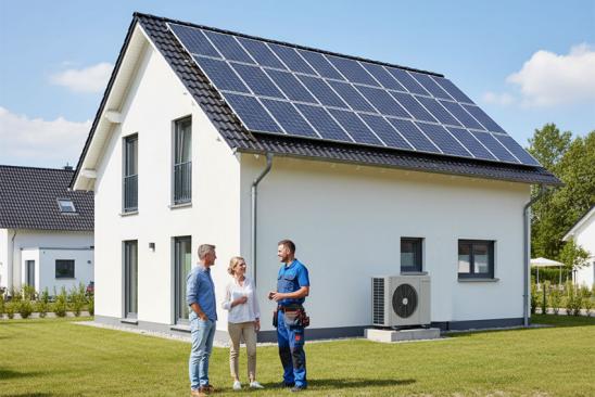 Wärmepumpe mit Photovoltaik: Paar berät sich mit Handwerker vor Haus