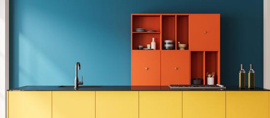 Reduzierte Küchenzeile mit klaren Linien und Farben