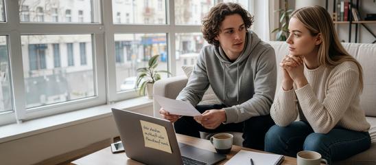 Junges Paar sitzt am Computer und plant einen Hauskauf.