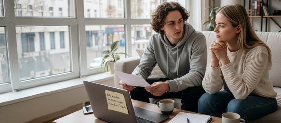 Junges Paar sitzt am Computer und plant einen Hauskauf.