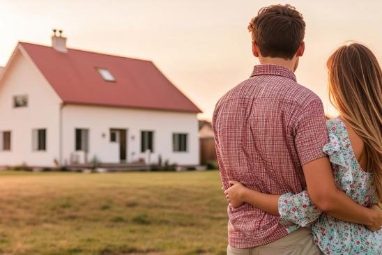 In Immobilien investieren: Paar steht Arm in Arm vor Einfamilienhaus