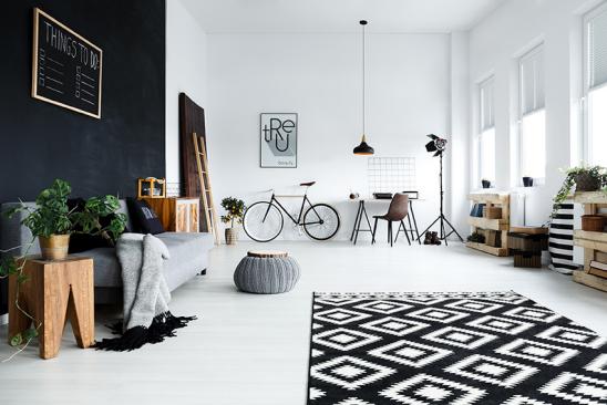 Multifunctional, black and white room with sofa, plants, desk, chair