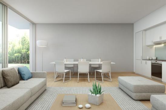 3d rendering of interior with table, sofa and cabinet