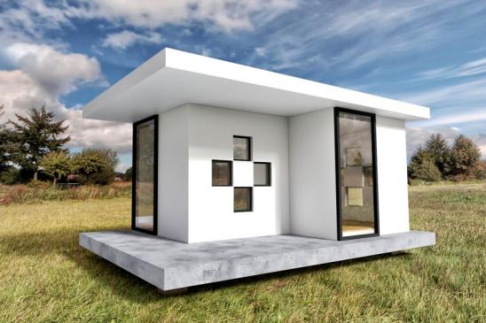 Modern White Tiny House Exterior with Landscape Background