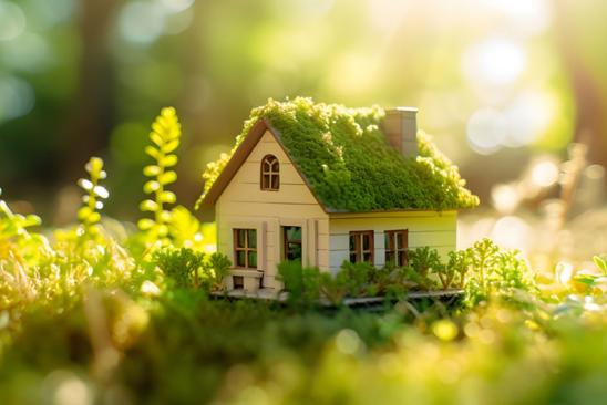 Nachhaltige Immobilien: Hausmodell mit begrüntem Dach