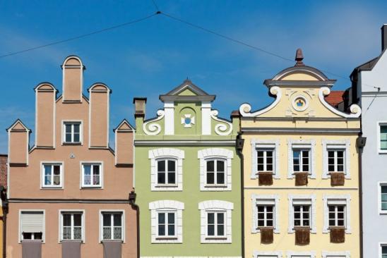 Old houses with wonderful facades in the old town of Landshut, Lower Bavaria, Bavaria, Germany. The houses are located at the Dreifaltigkeitsplatz. Landshut is the capital of Lower Bavaria, a administrative region of Bavaria.