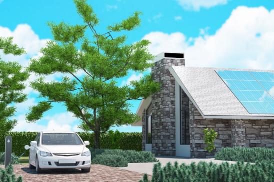 E-Fahrzeug in Hauseinfahrt vor Haus mit Photvoltaikanlage