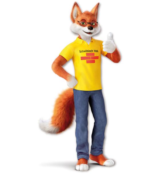 Schwäbisch Hall Bausparfuchs steht und hält einen Daumen hoch