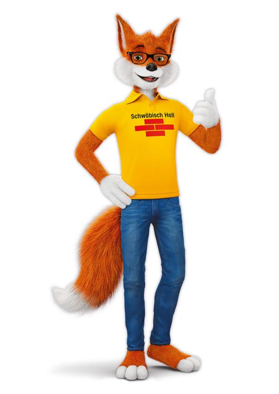 Schwäbisch Hall Bausparfuchs steht und hält einen Daumen hoch