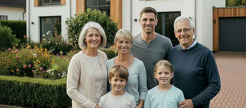 Familie mit mehreren Generationen stehen vorm Haus