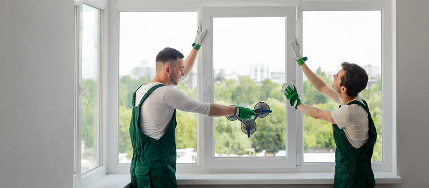 Zwei Fensterbauer setzen ein Fensterteil ein
