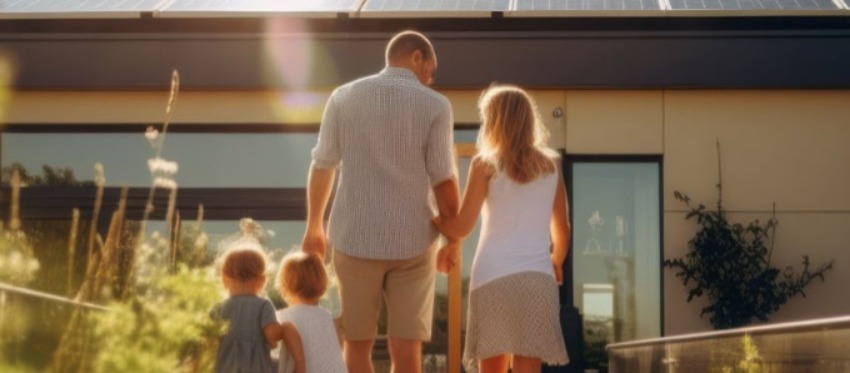 Junge Familie auf dem Weg zum Hauseingang