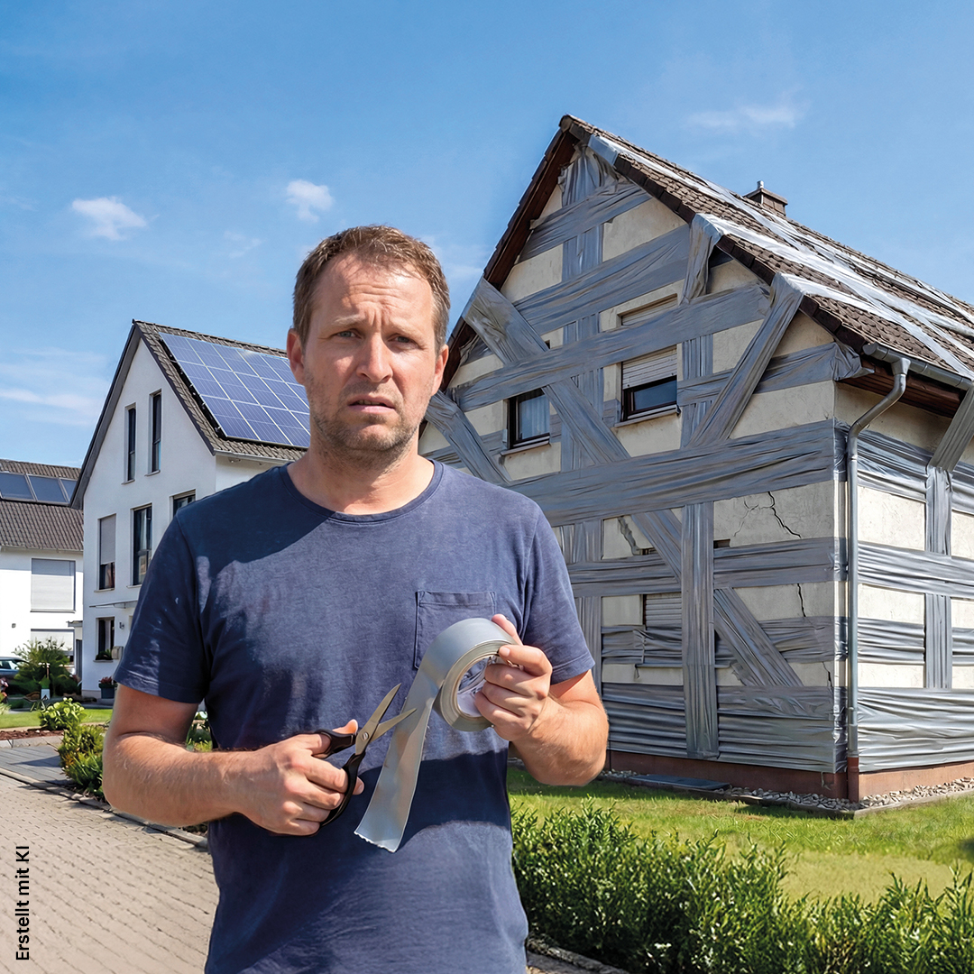 Modernisierer vor renovierungsbedürftigem Haus