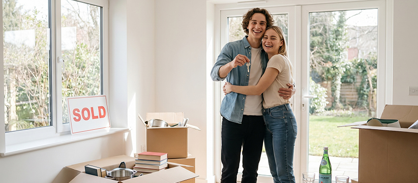 Junges Paar freut sich über die erste eigene Wohnung.